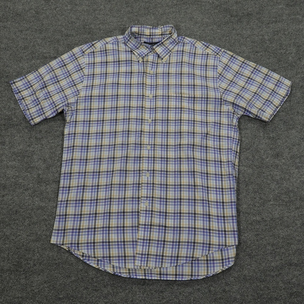 Brooks Brothers Shirt Mens Medium Blue Tan Plaid Short Sleeve Button Down Cotton
